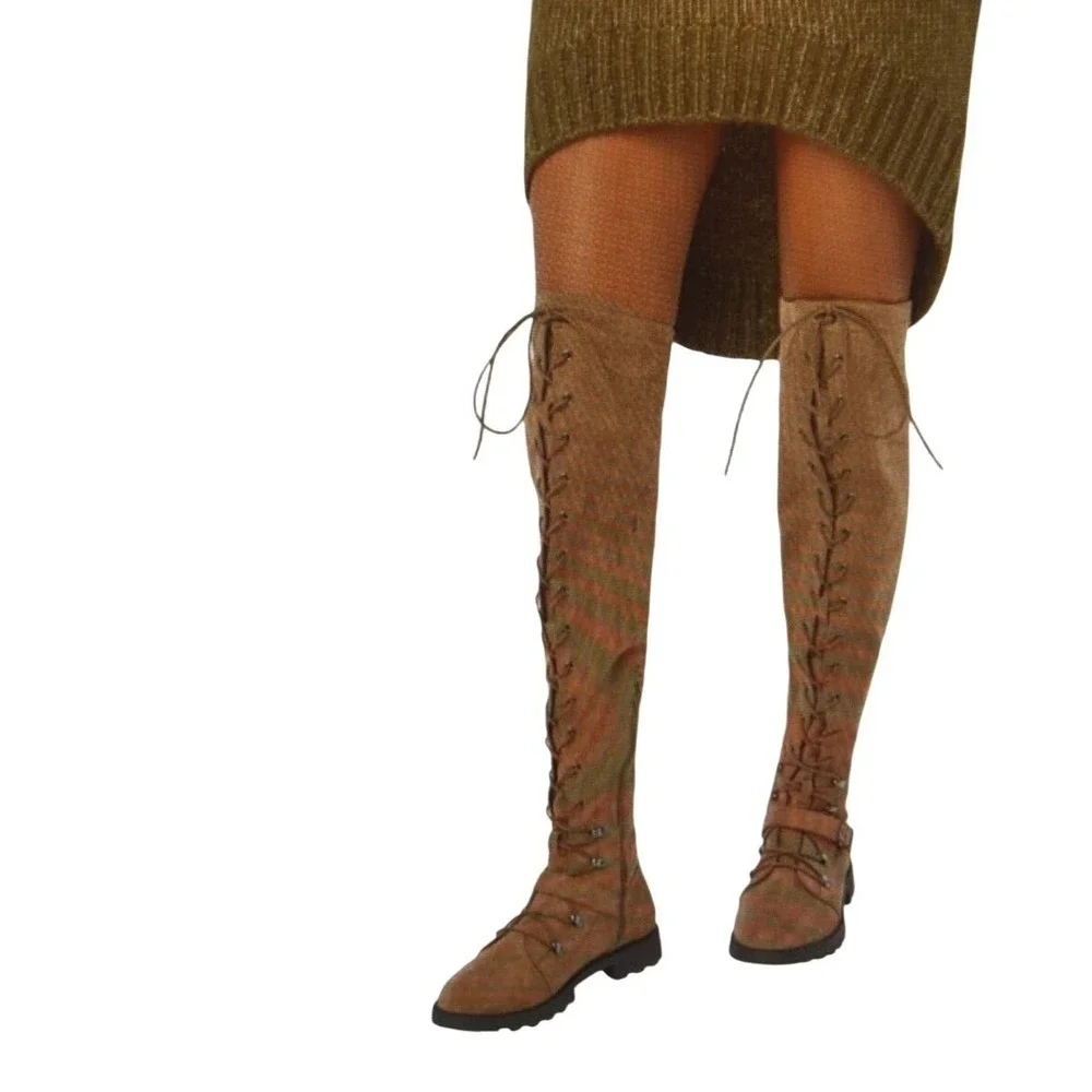 JustFab Phyllida Flat‎ Boots Women 7 Brown Over The Knee Lace Up Lug Sole Punk